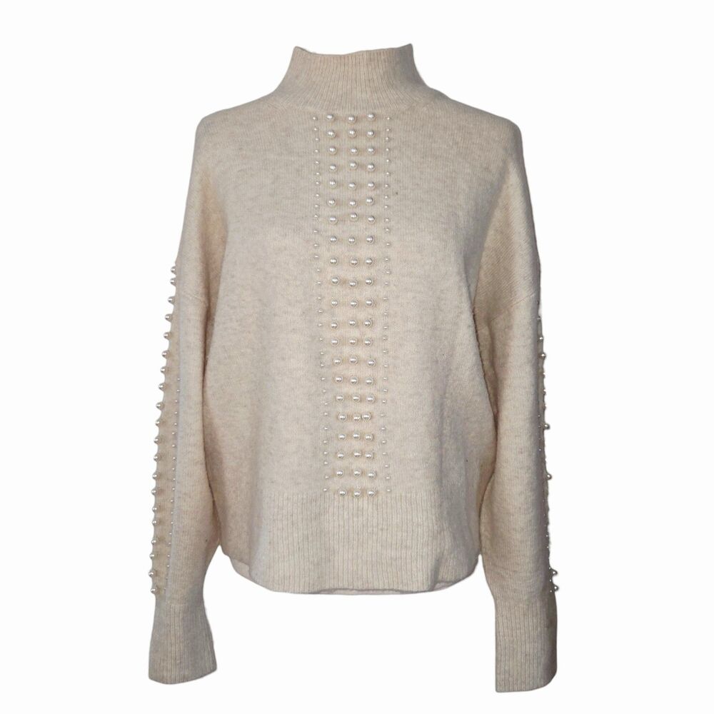 H&M Women Small Cream Knit Mockneck Sweater with Pearl Embellishments Wool Blend